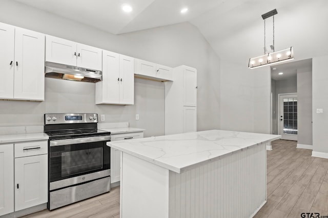 kitchen with stainless steel range with electric cooktop, range hood, decorative light fixtures, light hardwood / wood-style floors, and white cabinets