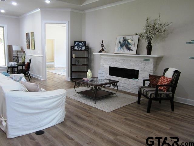 living room with a stone fireplace, wood-type flooring, and crown molding