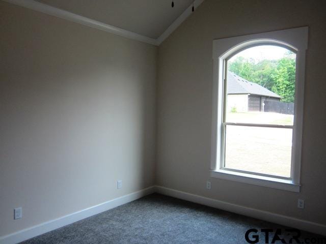 empty room with ornamental molding, vaulted ceiling, and carpet floors