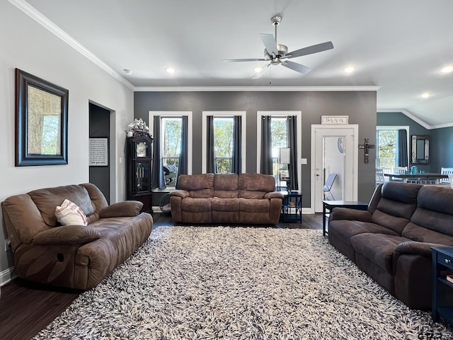 living room featuring a wealth of natural light, crown molding, dark wood-type flooring, and lofted ceiling