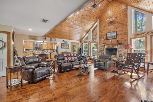 living room featuring wood-type flooring, wood ceiling, high vaulted ceiling, ceiling fan, and a fireplace