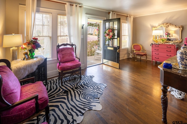 living area featuring ornamental molding, baseboards, and wood finished floors