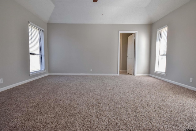 spare room featuring carpet flooring, ceiling fan, and lofted ceiling