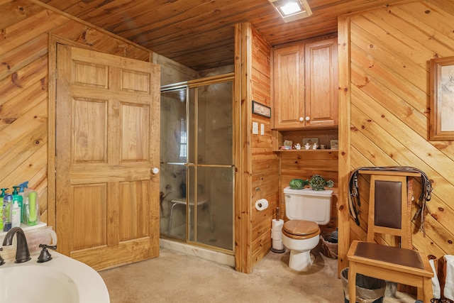 bathroom with toilet, wooden ceiling, wood walls, and a shower with shower door