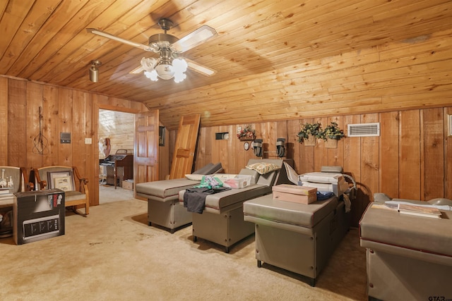 carpeted living room with lofted ceiling, wooden ceiling, and wooden walls