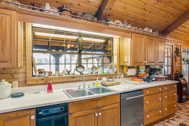 kitchen with sink, wood ceiling, light tile patterned floors, lofted ceiling with beams, and stainless steel dishwasher