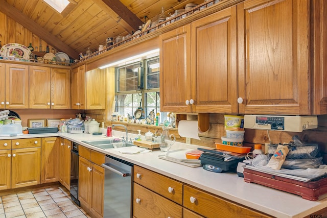 kitchen with light tile patterned flooring, sink, wooden ceiling, stainless steel dishwasher, and vaulted ceiling with skylight