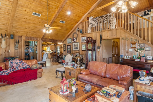 living room with wood ceiling, ceiling fan, and beam ceiling