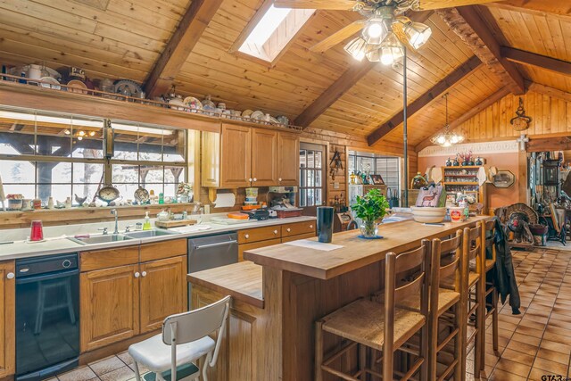 kitchen with a kitchen island, pendant lighting, butcher block countertops, dishwasher, and sink