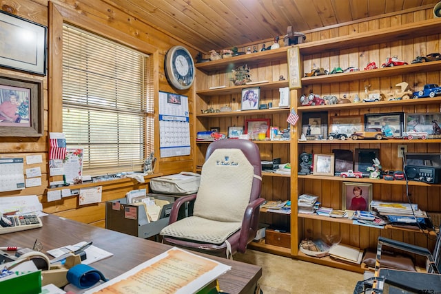 office featuring wooden walls and wood ceiling