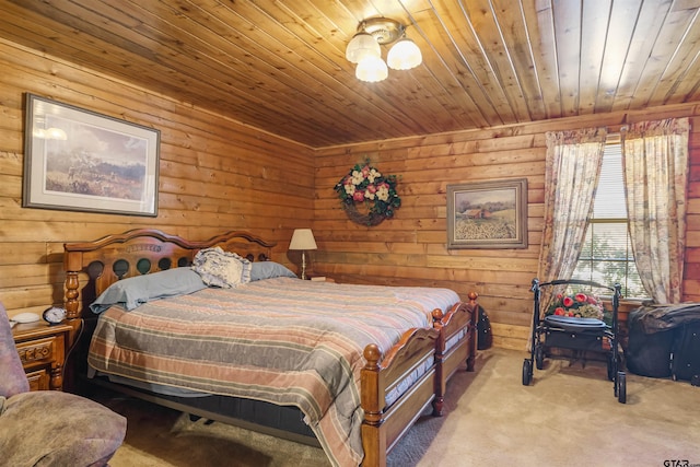 bedroom featuring light colored carpet and wooden ceiling