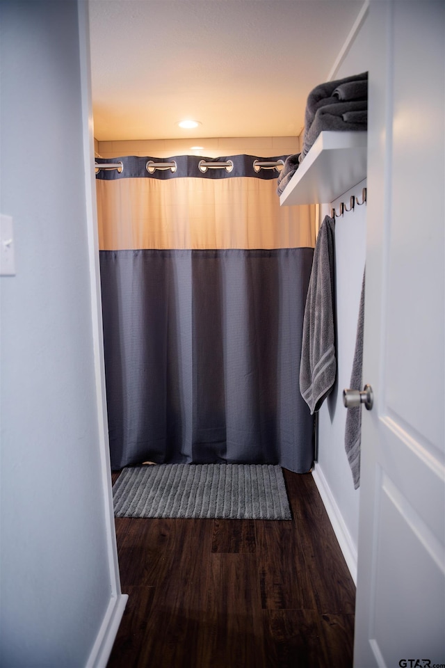 bathroom with walk in shower and hardwood / wood-style floors