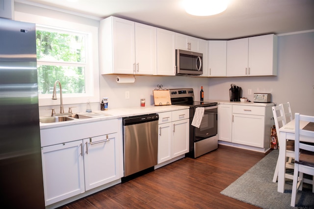 kitchen with white cabinetry, stainless steel appliances, dark wood-type flooring, and sink