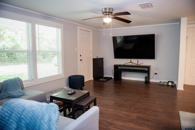 living room featuring dark wood-type flooring, ceiling fan, and ornamental molding