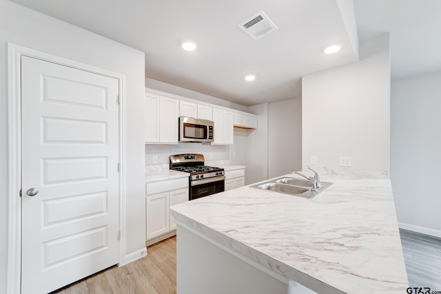 kitchen featuring stainless steel appliances, sink, kitchen peninsula, light hardwood / wood-style flooring, and white cabinets