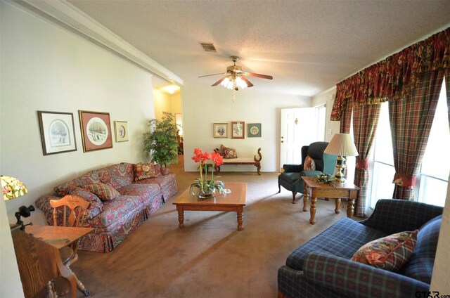 116 Piney Pt, Murchison, TX 75778 - living area featuring carpet, ceiling fan, and a textured ceiling