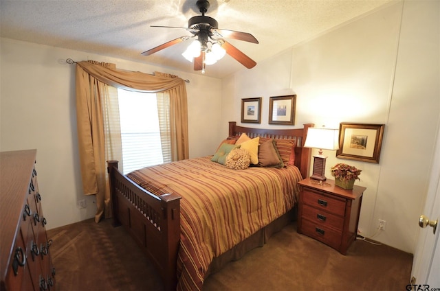 116 Piney Pt, Murchison, TX 75778 - bedroom with carpet floors, a ceiling fan, lofted ceiling, and a textured ceiling