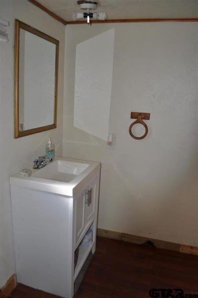 bathroom featuring vanity and hardwood / wood-style flooring