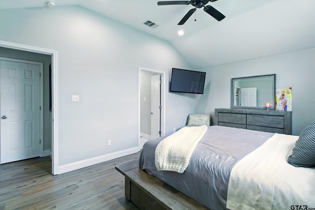 1112 E Park Dr, Lindale, TX 75771 - bedroom with lofted ceiling, wood finished floors, baseboards, and a ceiling fan