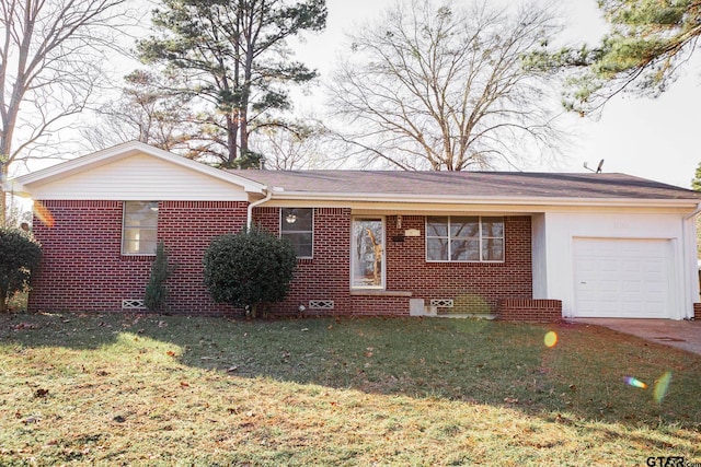 single story home with a front yard and a garage