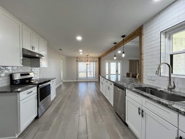 20855 Bay Shore Dr, Flint, TX 75762 - kitchen with appliances with stainless steel finishes, a sink, under cabinet range hood, tasteful backsplash, and light wood finished floors