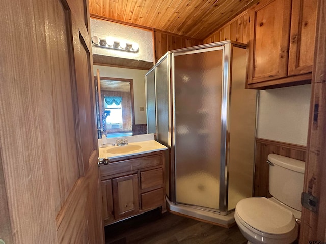 bathroom featuring a shower with door, wooden walls, and wood ceiling