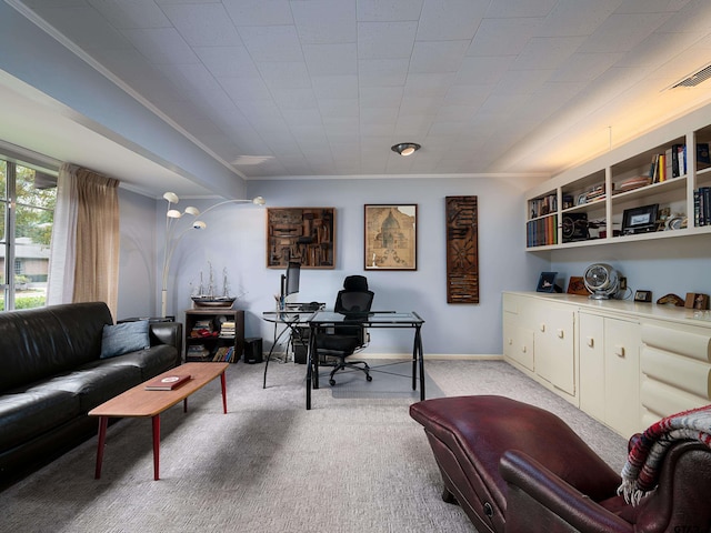 living room featuring light carpet and ornamental molding