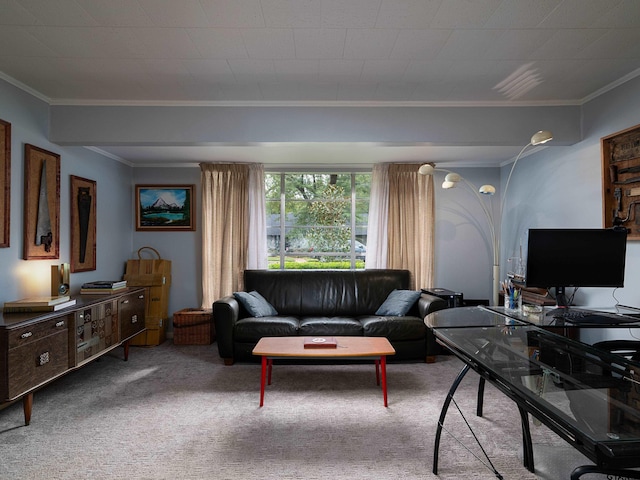 living room featuring carpet flooring and crown molding