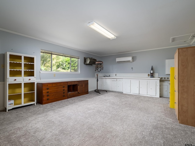 basement with carpet, crown molding, and a wall mounted air conditioner