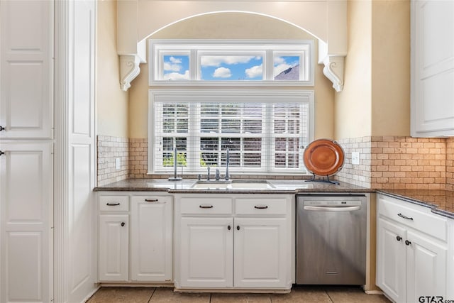 kitchen featuring white cabinets, dishwasher, sink, and dark stone counters