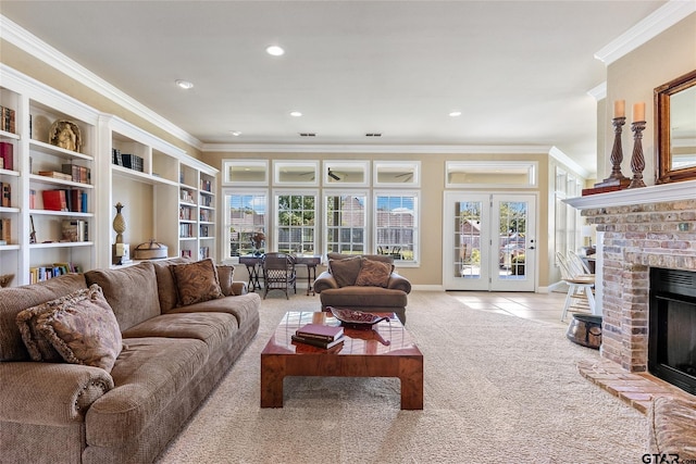 dining room with light tile patterned floors, crown molding, and french doors