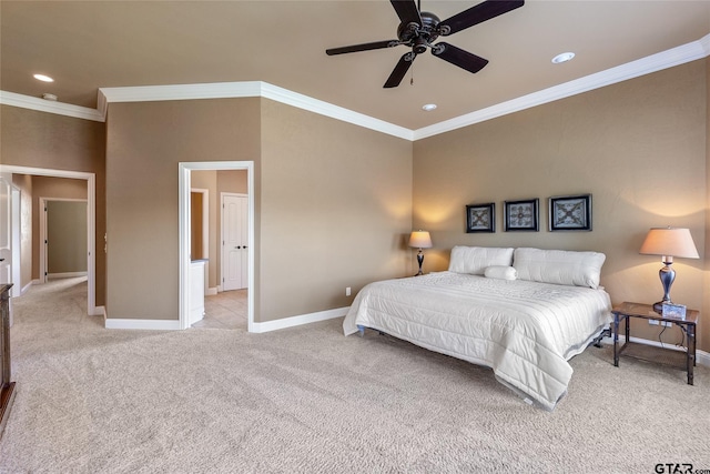 bedroom with ceiling fan, crown molding, and light colored carpet