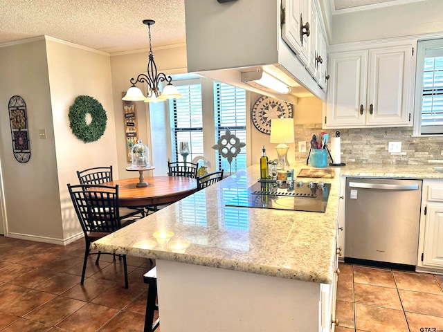 kitchen with white cabinetry, tasteful backsplash, a textured ceiling, light tile patterned floors, and dishwasher