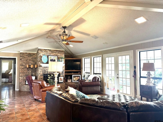 living room featuring french doors, a fireplace, vaulted ceiling with beams, and a textured ceiling