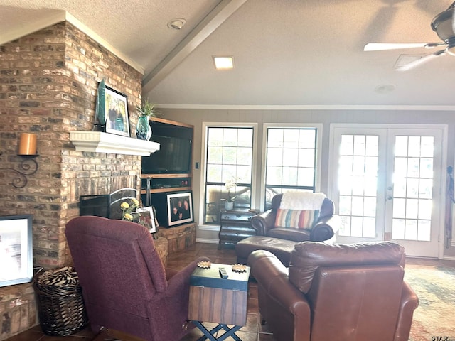 living room with lofted ceiling, a textured ceiling, a healthy amount of sunlight, and a fireplace