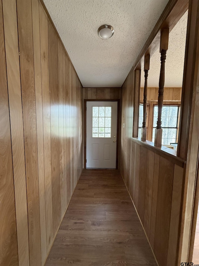 entryway featuring hardwood / wood-style flooring, a textured ceiling, and wood walls