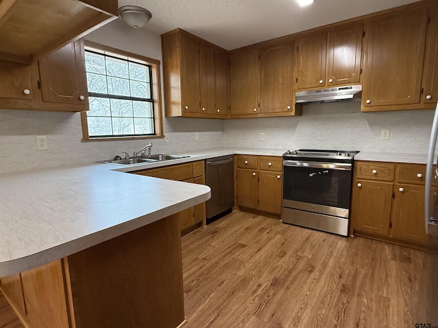 kitchen featuring sink, light hardwood / wood-style flooring, appliances with stainless steel finishes, kitchen peninsula, and decorative backsplash