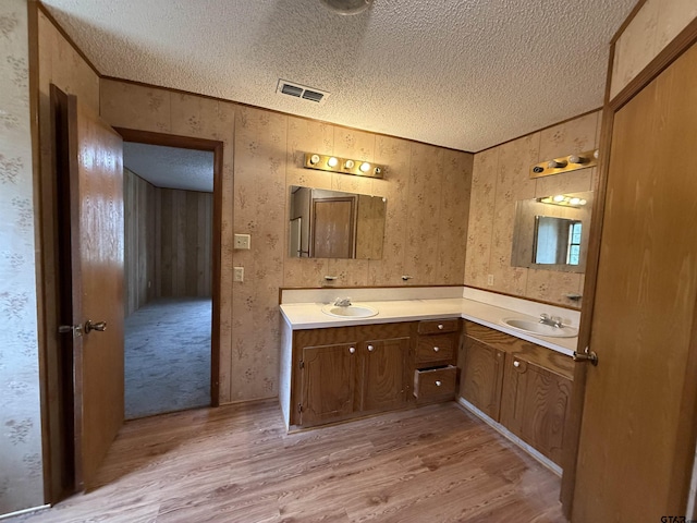 bathroom featuring hardwood / wood-style flooring, vanity, and a textured ceiling