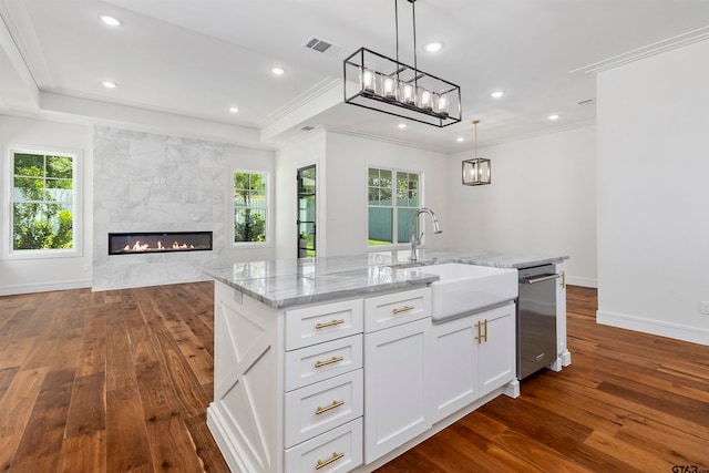 kitchen featuring white cabinetry, an island with sink, a healthy amount of sunlight, and dark hardwood / wood-style floors