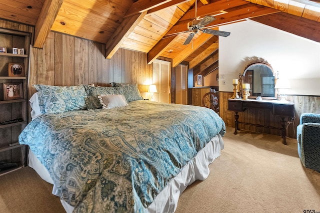 17044 Deer Run Dr, Bullard, TX 75757 - carpeted bedroom featuring wooden walls, wood ceiling, wainscoting, and a ceiling fan