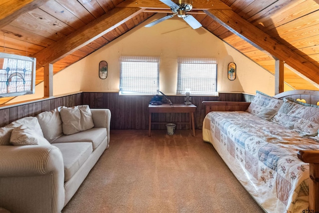 17044 Deer Run Dr, Bullard, TX 75757 - bedroom featuring a wainscoted wall, wood ceiling, carpet floors, and ceiling fan