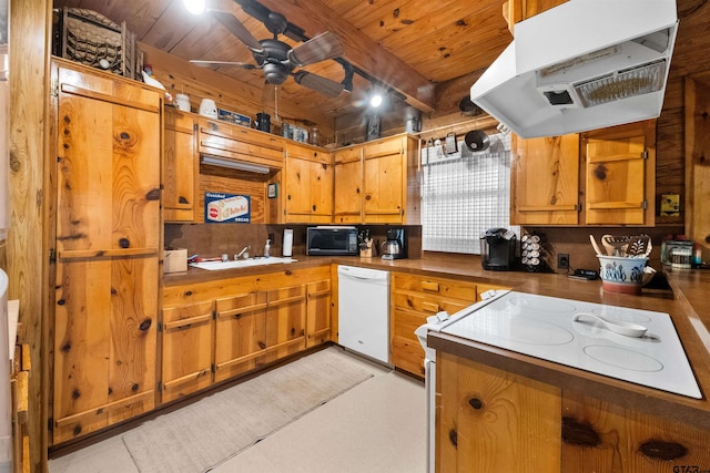 17044 Deer Run Dr, Bullard, TX 75757 - kitchen featuring white appliances, wood ceiling with exposed beams, under cabinet range hood, a sink, and ceiling fan