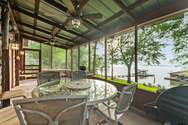 17044 Deer Run Dr, Bullard, TX 75757 - sunroom featuring a water view, a ceiling fan, outdoor dining area, and plenty of natural light