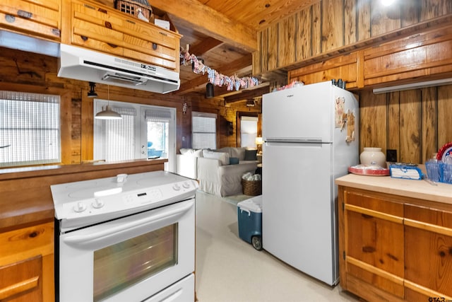 17044 Deer Run Dr, Bullard, TX 75757 - kitchen featuring white appliances, wooden walls, and wooden ceiling with exposed beams