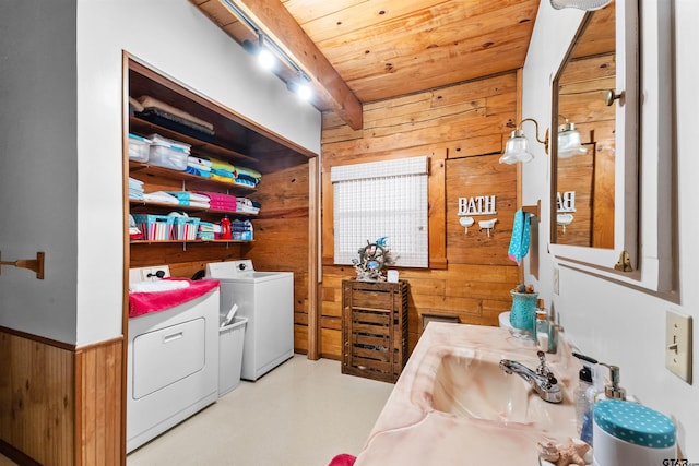 17044 Deer Run Dr, Bullard, TX 75757 - washroom featuring wooden walls, washing machine and dryer, and wooden ceiling