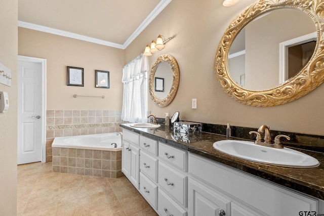 bathroom with a relaxing tiled tub, tile patterned flooring, vanity, and crown molding