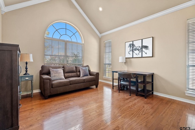 living room featuring ornamental molding, light hardwood / wood-style floors, and a healthy amount of sunlight