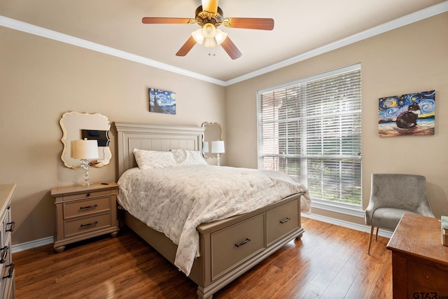 bedroom featuring crown molding, ceiling fan, and dark hardwood / wood-style floors