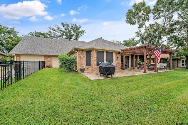 back of property featuring a patio area, a pergola, and a yard