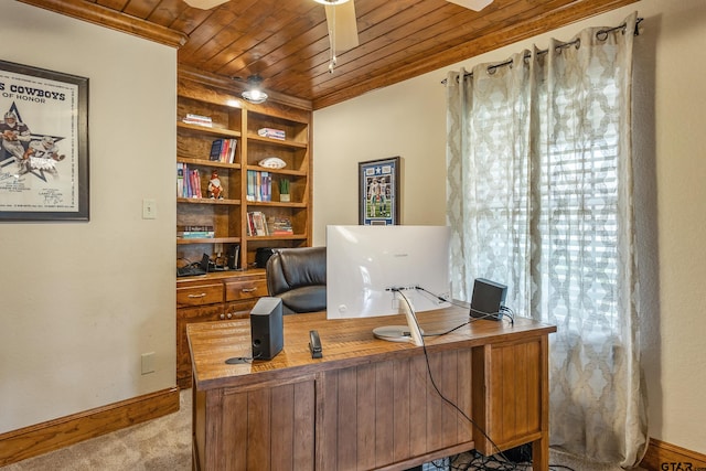 carpeted office featuring wooden ceiling, ceiling fan, and ornamental molding